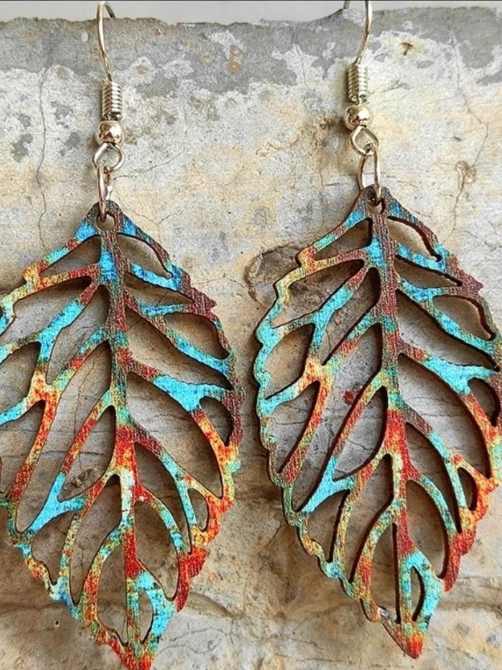 Boho Multicolor Leaf Drop Earrings - Turquoise & Red
